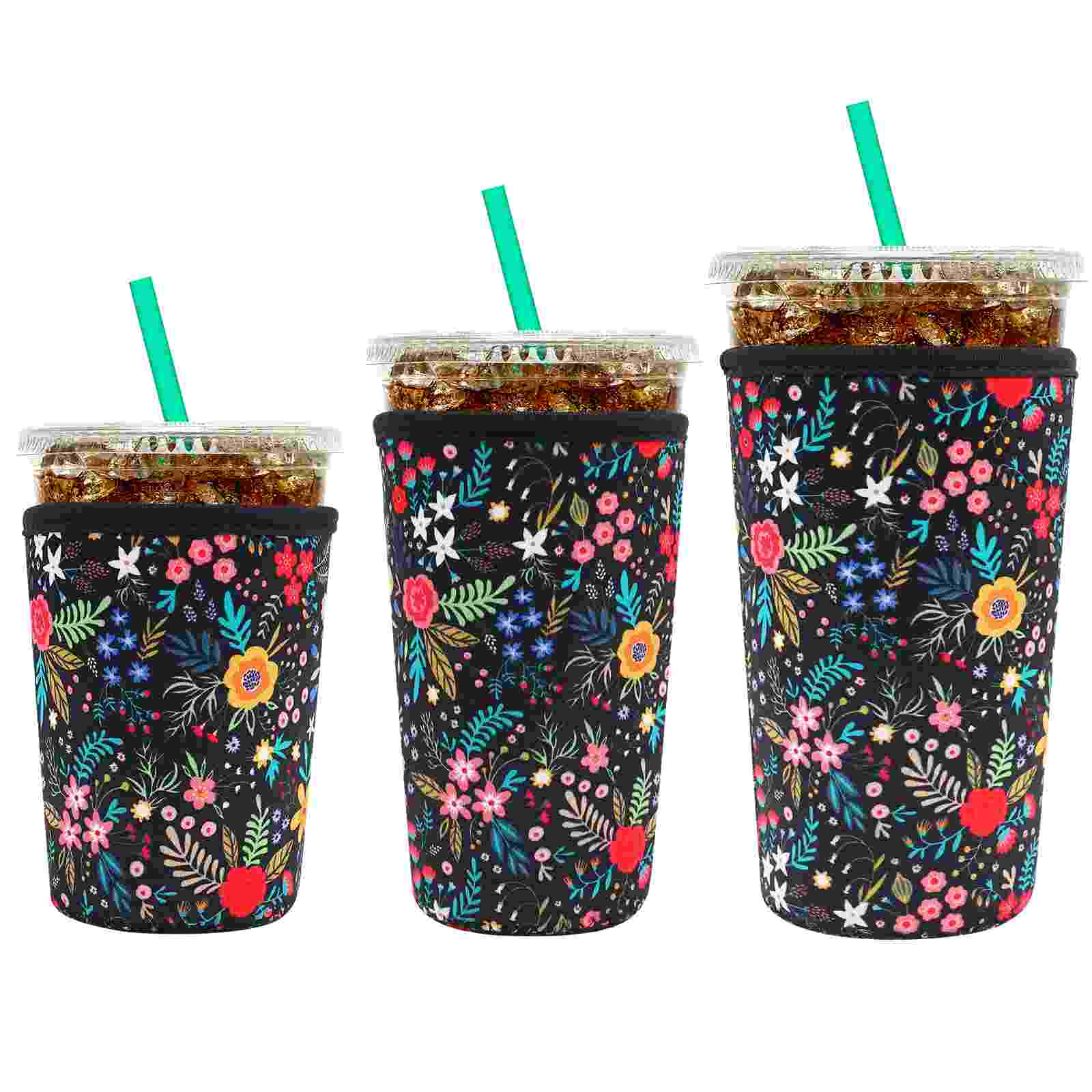 YR Reusable Neoprene Insulator Sleeve for Iced Coffee Cups, 3 Pack Coffee Koozie sleeves for Iced & Hot Drinks, Cold Beverage Koozies Compatible with Starbucks Dunkin Coffee and More